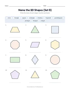Name the 2D Shapes (Set B) printable worksheet for kindergarten to grade 2