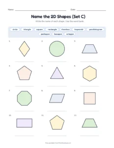Name the 2D Shapes (Set C) printable worksheet for kindergarten to grade 2