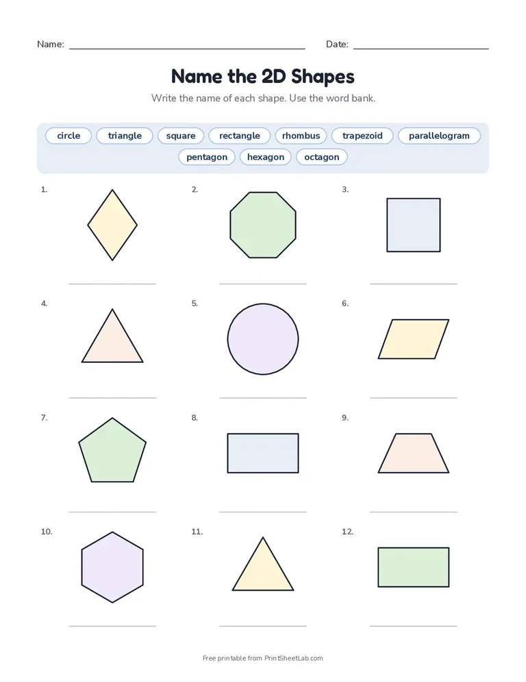 Geometry worksheets: a printable page on 2D shapes with names, sides and vertices and an answer key