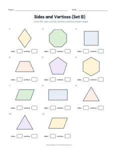 Sides and Vertices (Set B) printable worksheet for kindergarten to grade 2
