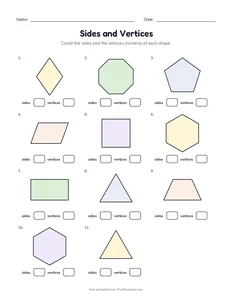 Sides and Vertices printable worksheet for kindergarten to grade 2