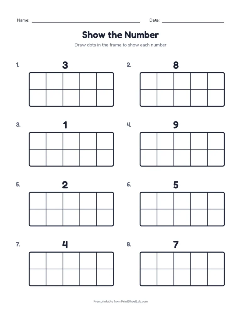 Worksheet: draw dots in each ten frame to show the number, with answer key