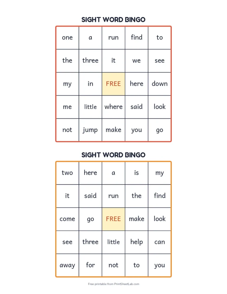 Ten different pre-primer sight word bingo cards with a free space, plus a caller list