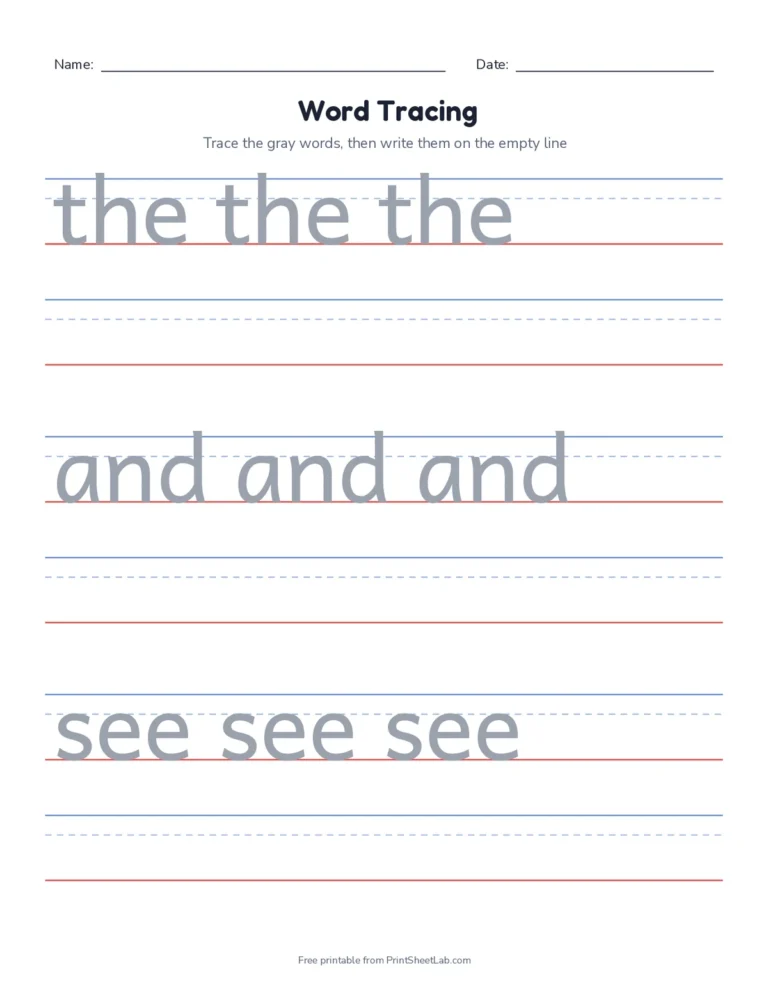 Sight word tracing worksheets with the, and, see, look, play, said, with and you on handwriting lines
