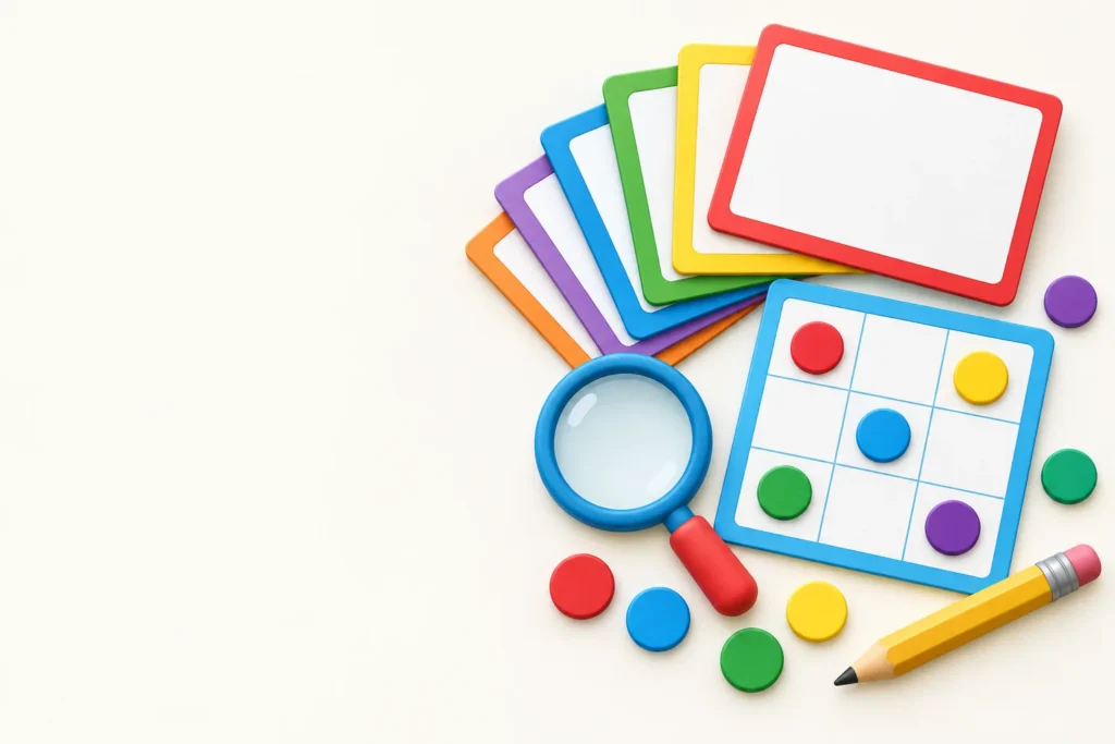 Illustration of colorful flash cards, a bingo card with chips, a magnifying glass and a pencil