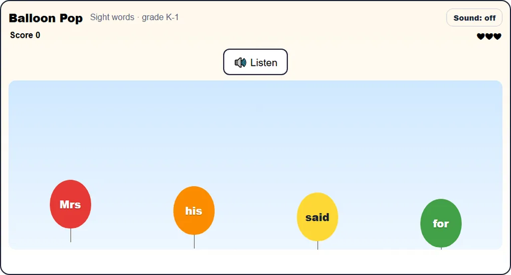 Sight words game screen where children listen and tap the word, practice after learning what sight words are