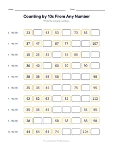 Counting by 10s From Any Number printable worksheet for grades 1 and 2