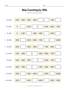 Skip Counting by 100s printable worksheet for grades 1 and 2