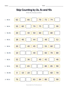 Skip Counting by 2s, 5s and 10s printable worksheet for grades 1 and 2