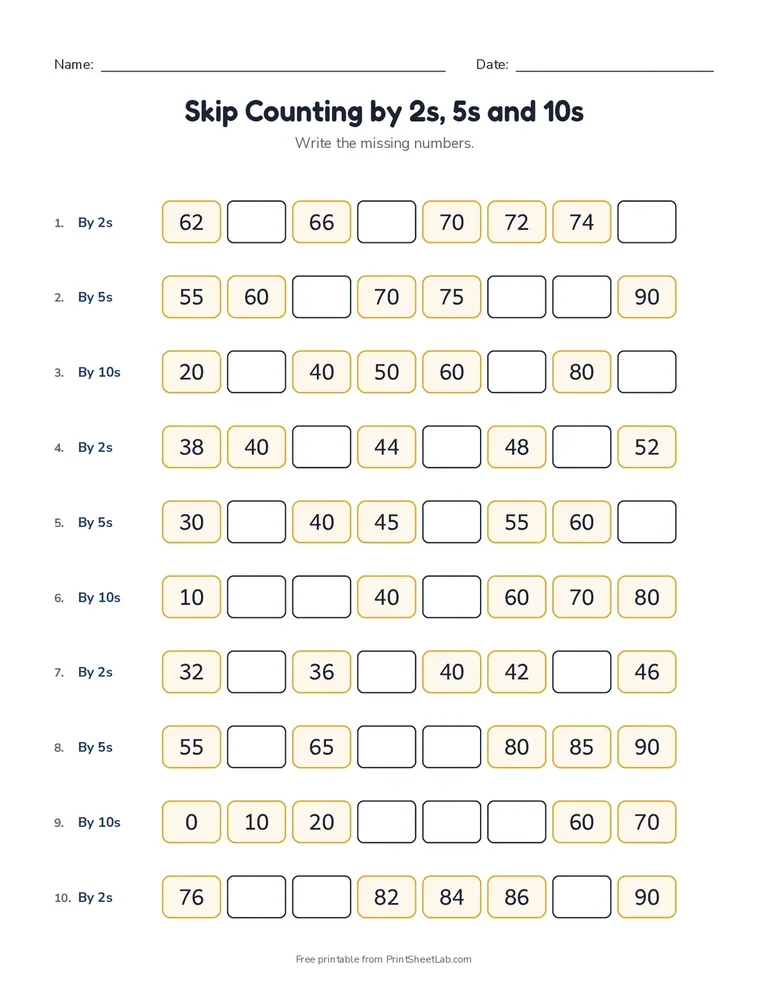 Skip Counting by 2s, 5s and 10s printable worksheet for grades 1 and 2