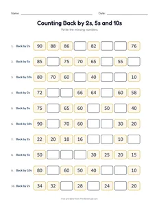 Counting Back by 2s, 5s and 10s printable worksheet for grades 1 and 2