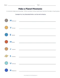 Make a Planet Mnemonic printable worksheet for grades 1 to 5