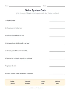 Solar System Quiz (Set B) printable worksheet for grades 1 to 5