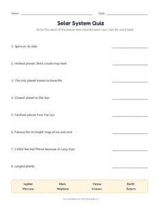 Solar System Quiz printable worksheet for grades 1 to 5