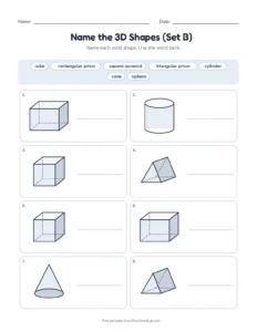 Name the 3D Shapes (Set B) printable worksheet for grades 1 to 3