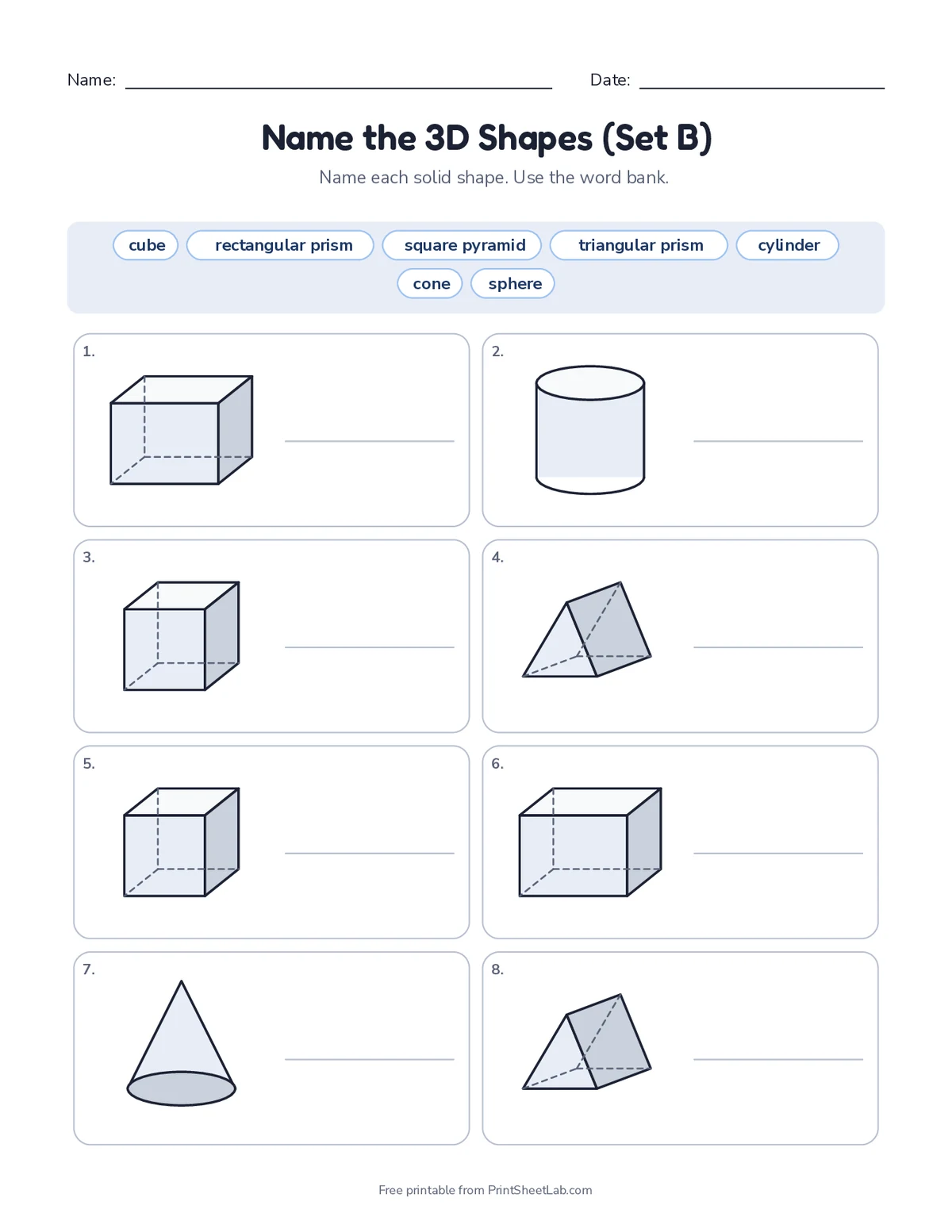 3d shapes worksheets: name the 3D shapes