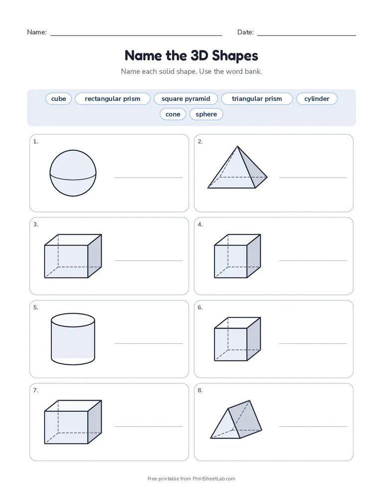 Name the 3D Shapes printable worksheet for grades 1 to 3