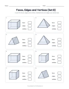Faces, Edges and Vertices (Set B) printable worksheet for grades 1 to 3