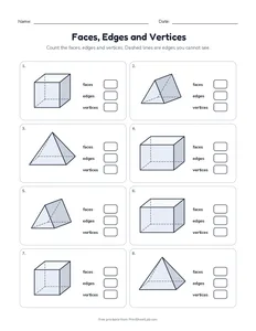 Faces, Edges and Vertices printable worksheet for grades 1 to 3