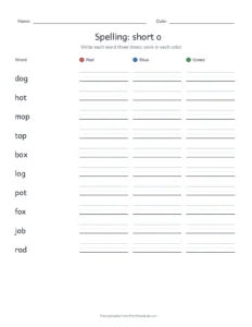 Spelling Packet: short o printable worksheet for grade 1