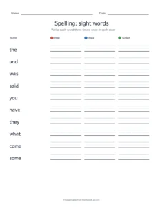 Spelling Packet: sight words printable worksheet for grade 1