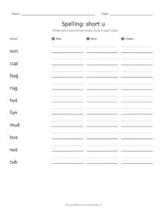 Spelling Packet: short u printable worksheet for grade 1
