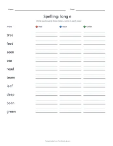 Spelling Packet: long e printable worksheet for grade 2
