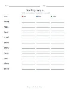 Spelling Packet: long o printable worksheet for grade 2