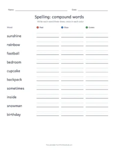 Spelling Packet: compound words printable worksheet for grade 3