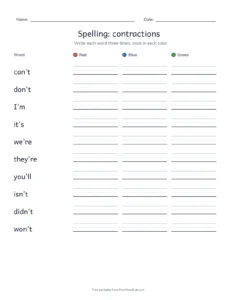 Spelling Packet: contractions printable worksheet for grade 3