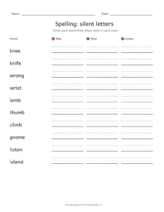 Spelling Packet: silent letters printable worksheet for grade 4
