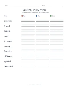 Spelling Packet: tricky words printable worksheet for grade 4