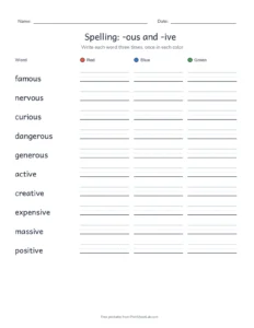 Spelling Packet: -ous and -ive printable worksheet for grade 5