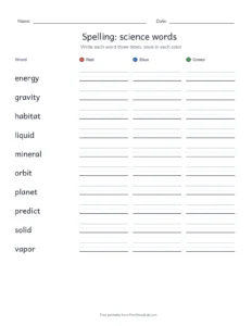 Spelling Packet: science words printable worksheet for grade 5