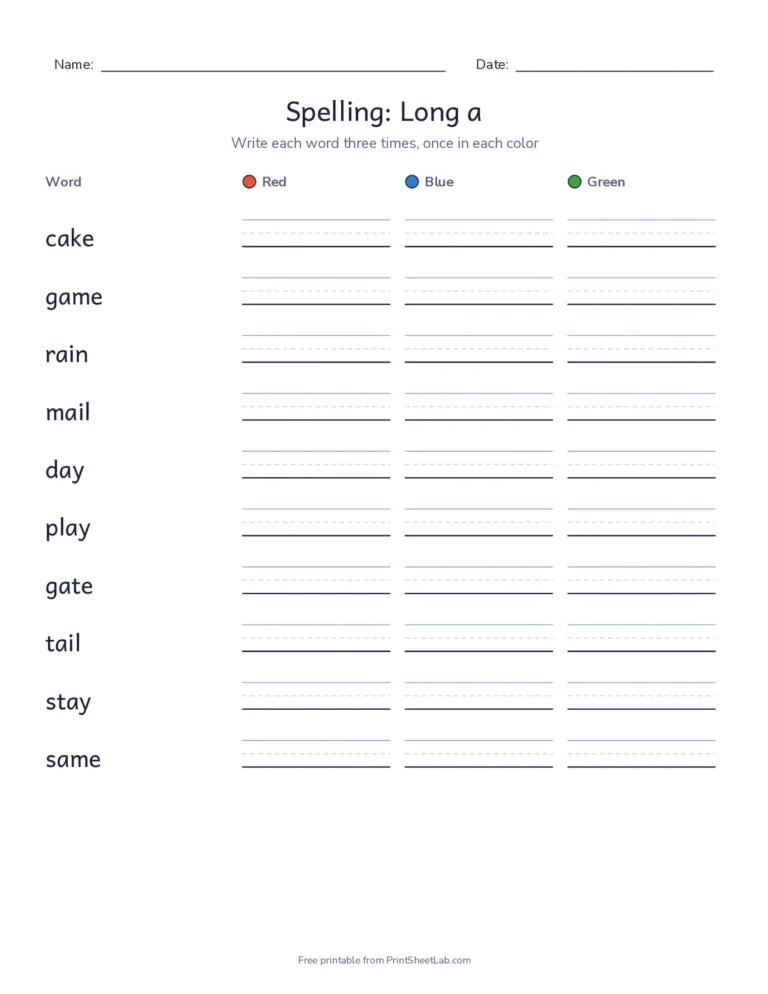 Spelling worksheet generator packet for long a words: nine spelling practice worksheets plus answer keys