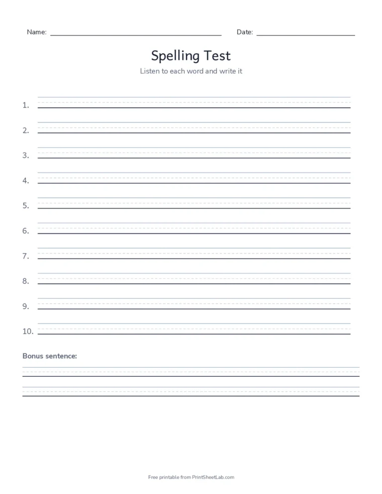 Printable spelling test template with numbered lines and a bonus sentence, plus a word list for the teacher