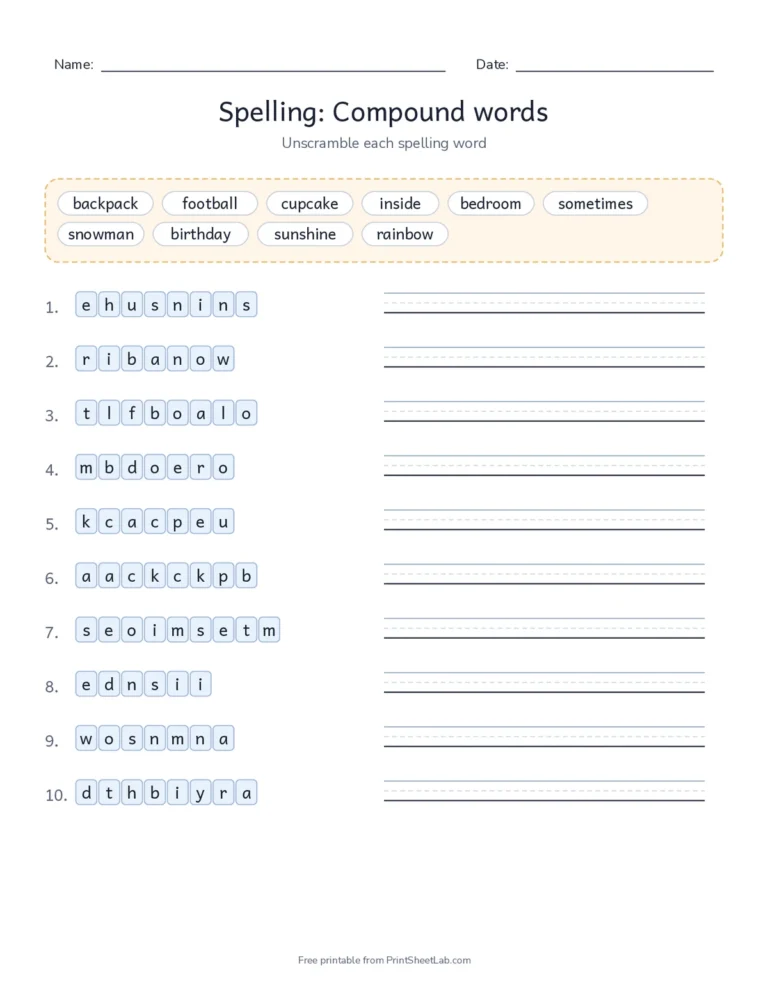 Word scramble worksheet for compound words with word bank and answer key