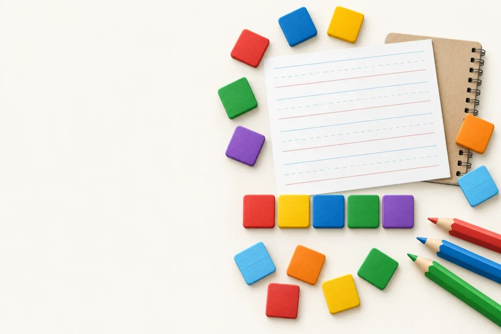 Illustration of colorful letter tiles, handwriting paper, a notebook and red, blue and green pencils