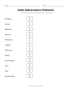 Midwest State Abbreviations printable worksheet for grades 3 to 5