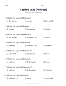 Midwest Capitals Multiple Choice printable worksheet for grades 3 to 5