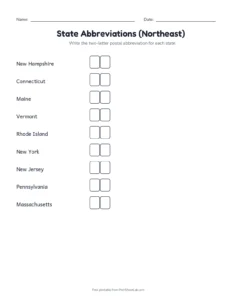 Northeast State Abbreviations printable worksheet for grades 3 to 5