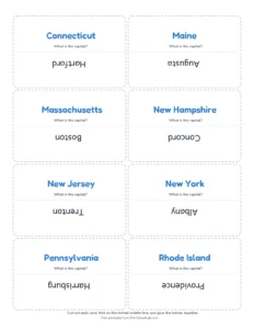 Northeast States Flash Cards printable worksheet for grades 3 to 5