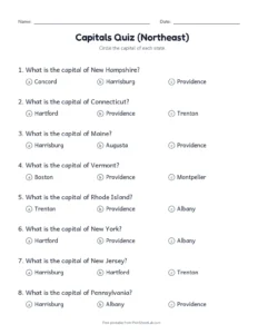 Northeast Capitals Multiple Choice printable worksheet for grades 3 to 5