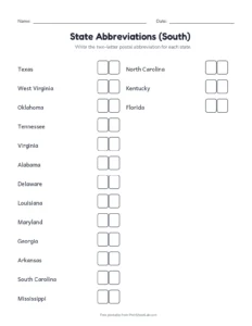South State Abbreviations printable worksheet for grades 3 to 5