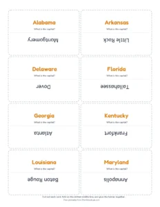 South States Flash Cards printable worksheet for grades 3 to 5