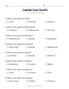 South Capitals Multiple Choice printable worksheet for grades 3 to 5