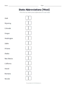 West State Abbreviations printable worksheet for grades 3 to 5