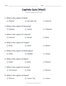 West Capitals Multiple Choice printable worksheet for grades 3 to 5