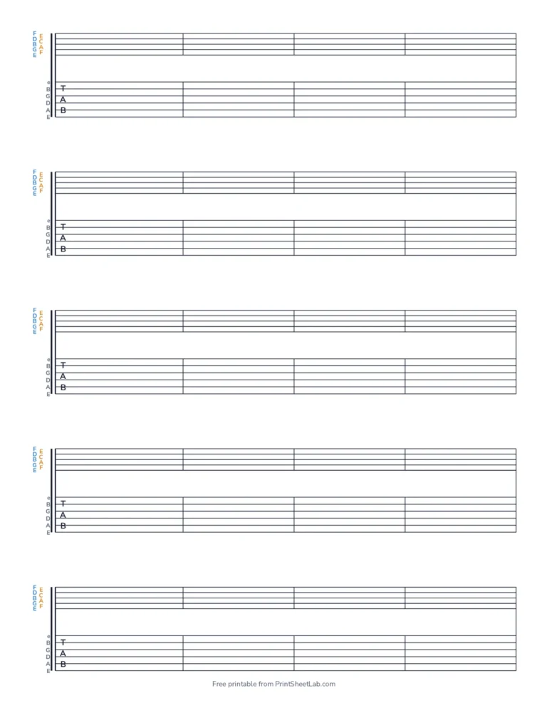 Music staff with guitar tab below on every system, with string names