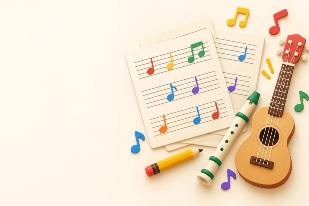 Illustration of music staff paper with colorful notes, a ukulele, a recorder and a pencil